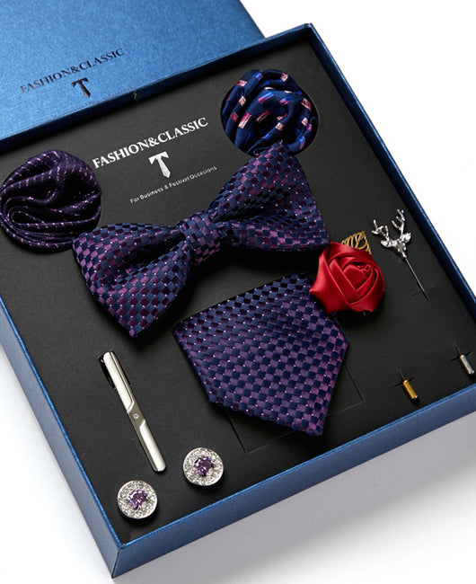 Business Allover Print Tie & Scarves & Cufflinks & Bow Tie & Brooch & Tie Clip 8Ps Set