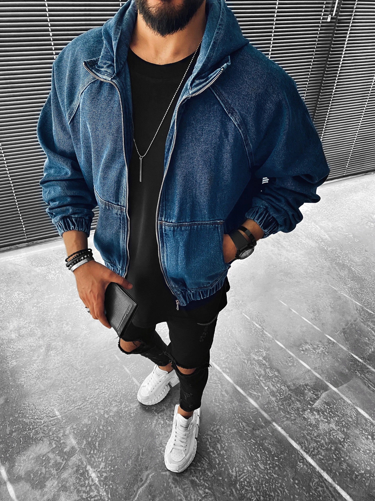 Street Fashion Denim Pocket Hooded Jacket