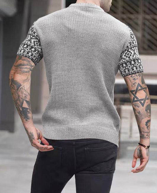 Casual Plain Waffle Spliced Geo Cuffs Round Neckline Polo Shirt