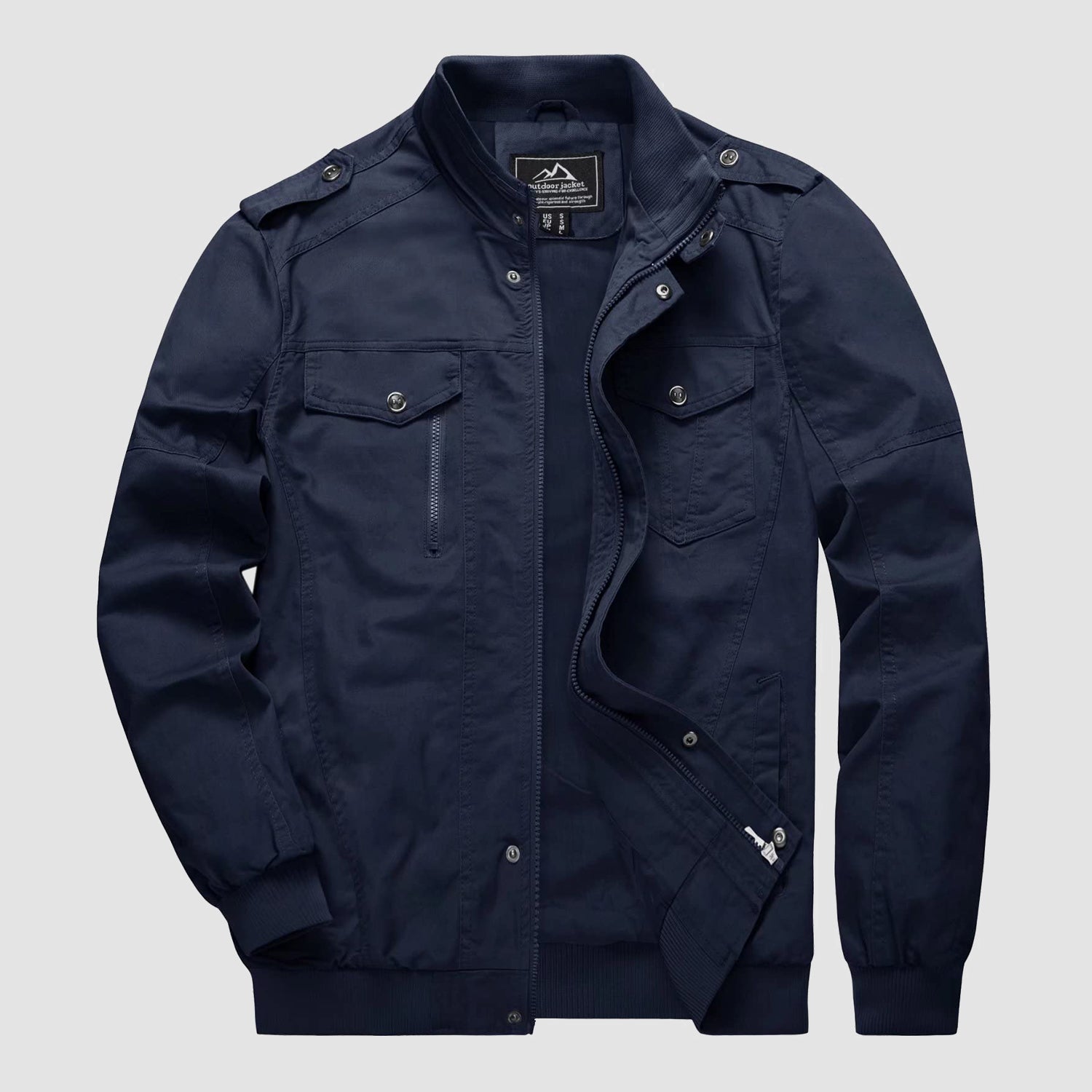 Men's Cotton Cargo Jackets Stand Collar Lightweight Tactical Jacket Windbreaker 4 Pockets