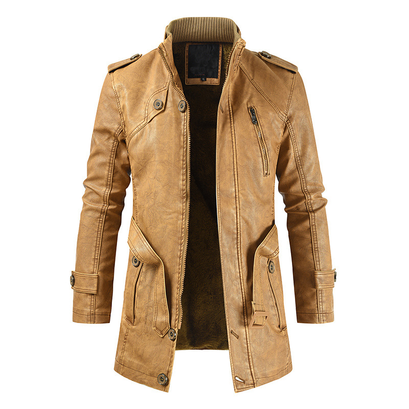 2020 Autumn And Winter New Men's Mid-length Casual Fashion PU Leather Jacket Stand-collar Slim Youth Windbreaker