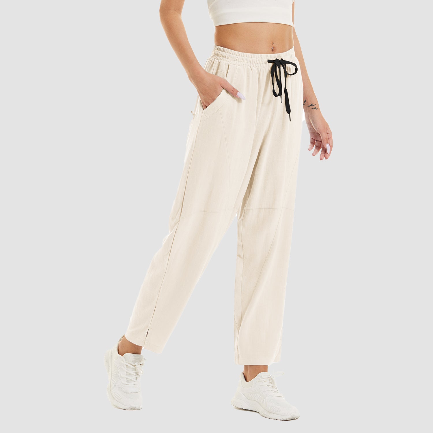 Women's Cotton Linen Pants High Waisted Summer Casual Pants Drawstring with 4 Pockets