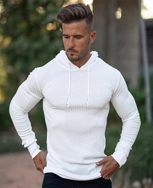 Men Solid Drawstring Rib-Knit Hoodie