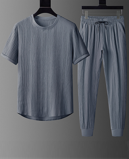 Casual Plain Ice Silk Wrinkled Shirt & Jogger Pants 2Pcs Set
