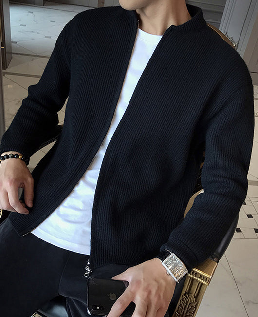 Men Ribbed Zip Up Knit Coat