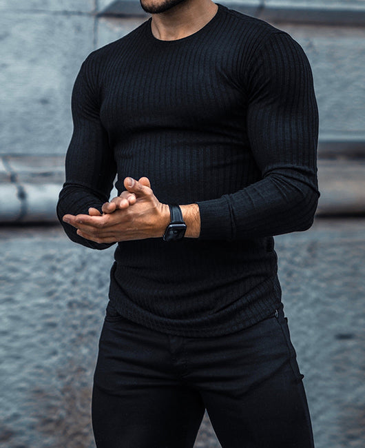 Rib-knit Plian Crew Neck Casual Knit Shirt
