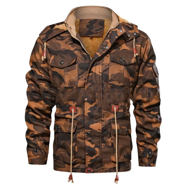 Fleece Mid-length Leather Multi-pocket Camouflage Jacket