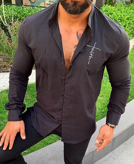 Fashion Stand Collar Plain Long Sleeve Slim Fit Casual Shirt