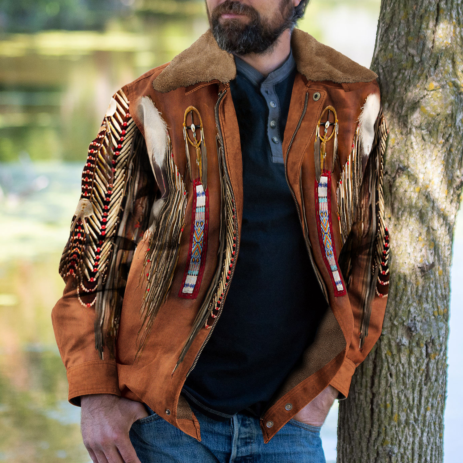 Retro American Western Ffeather Fringed Denim Jacket Print Unisex Deluxe Outerwear