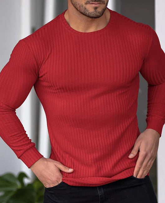 Rib-knit Plian Crew Neck Casual Knit Shirt