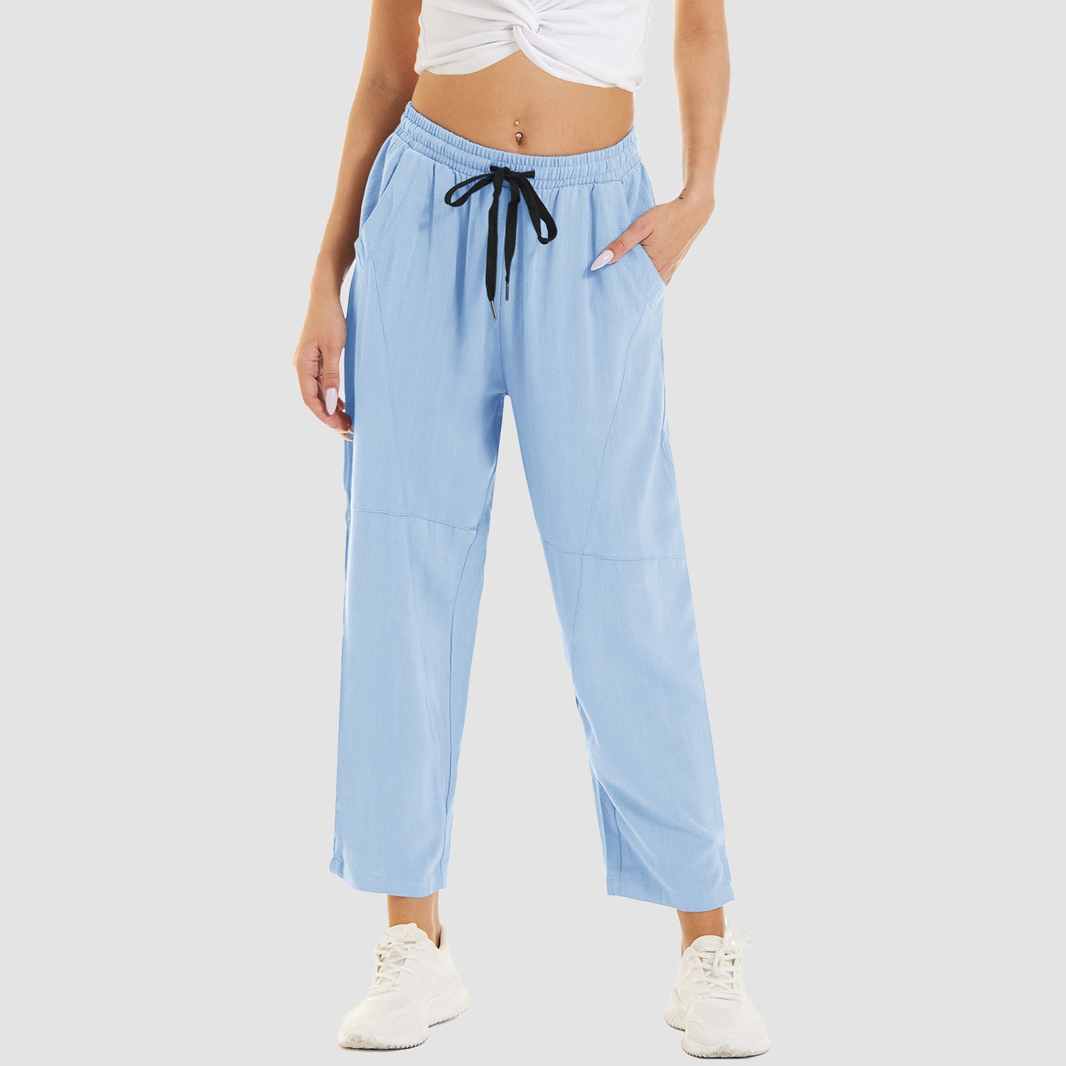 Women's Cotton Linen Pants High Waisted Summer Casual Pants Drawstring with 4 Pockets