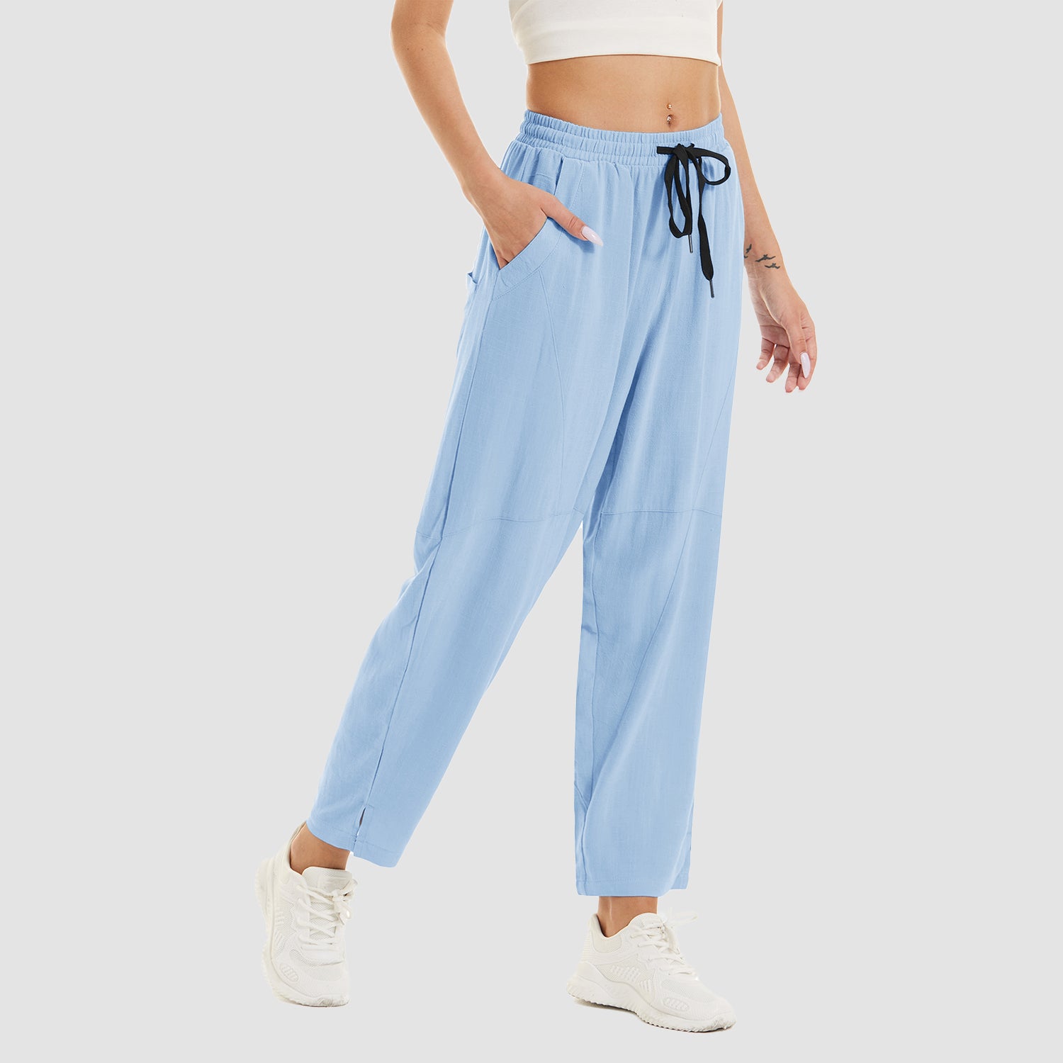 Women's Cotton Linen Pants High Waisted Summer Casual Pants Drawstring with 4 Pockets