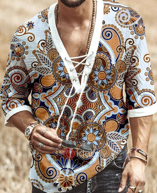 Casual Tribal Print Lace Up V Neck Half Sleeve Loose Shirt