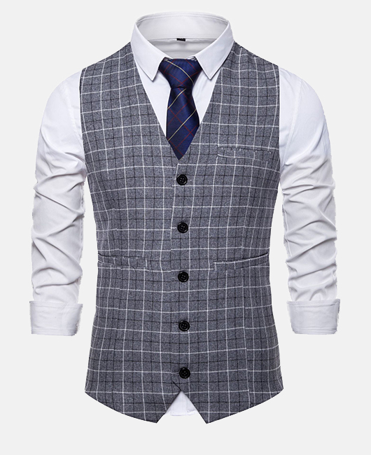 Fashion Plaid V Neck Single Breasted Slim Fit Blazer Vest