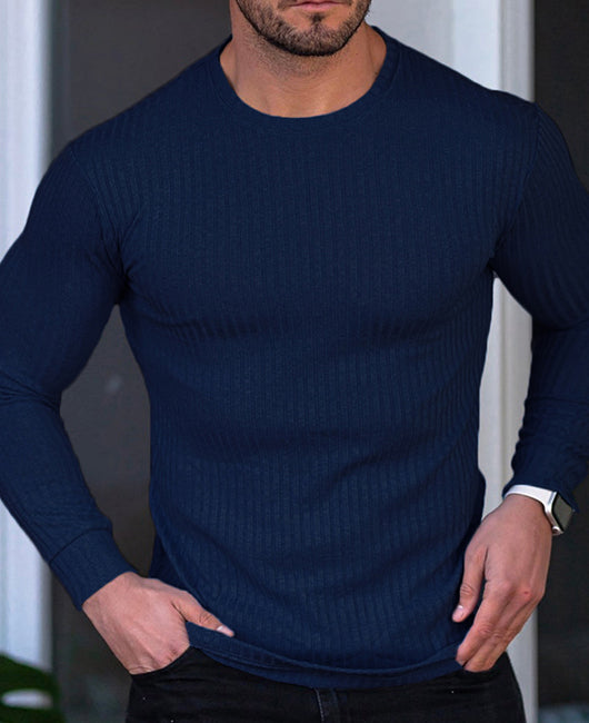 Rib-knit Plian Crew Neck Casual Knit Shirt