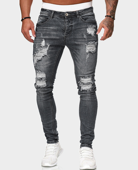 Denim Casual Plain Light Washed Ripped Denim Pencil Pants