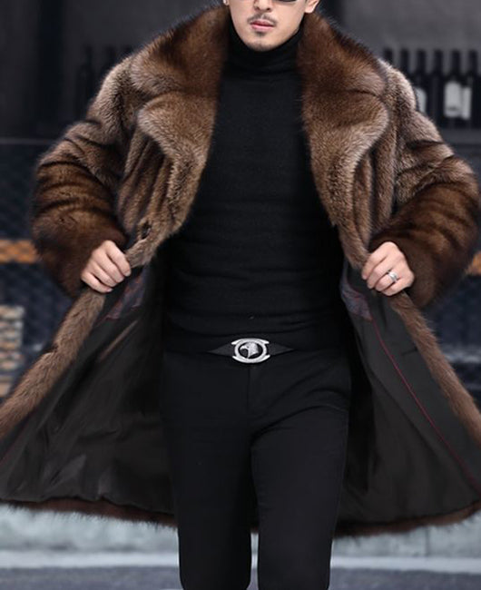 Men Luxury Lapel Faux Fur Overcoat