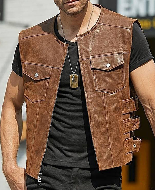 Fashion Crew Neck Plain PU Leather Pocket Zipper Vest