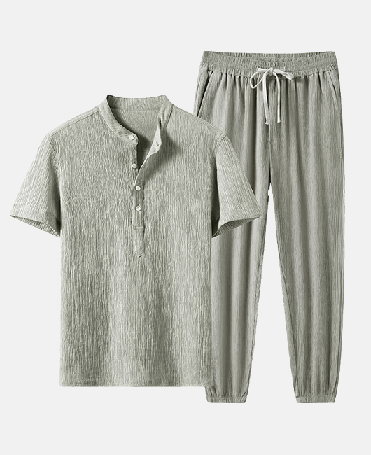 Casual Plain Ice Silk Half Placket Wrinkled Shirt & Pants 2Pcs Set