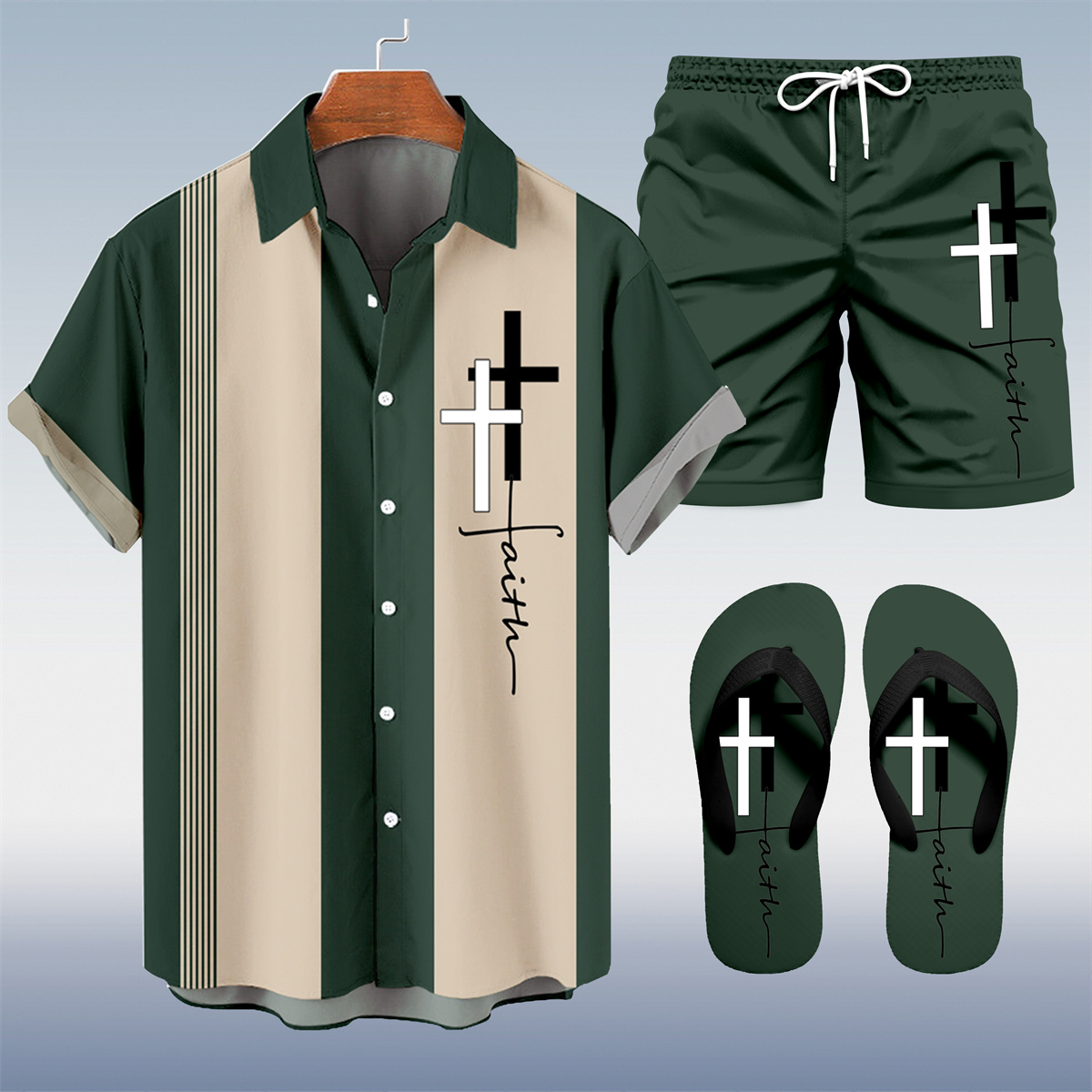 Men's Hawaii Vacations Print Shirt Three-Piece Set 056