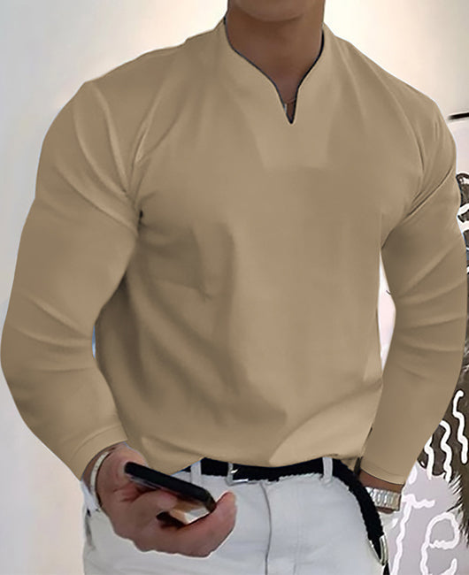 Plain Notch Collar Long Sleeve Casual Shirt