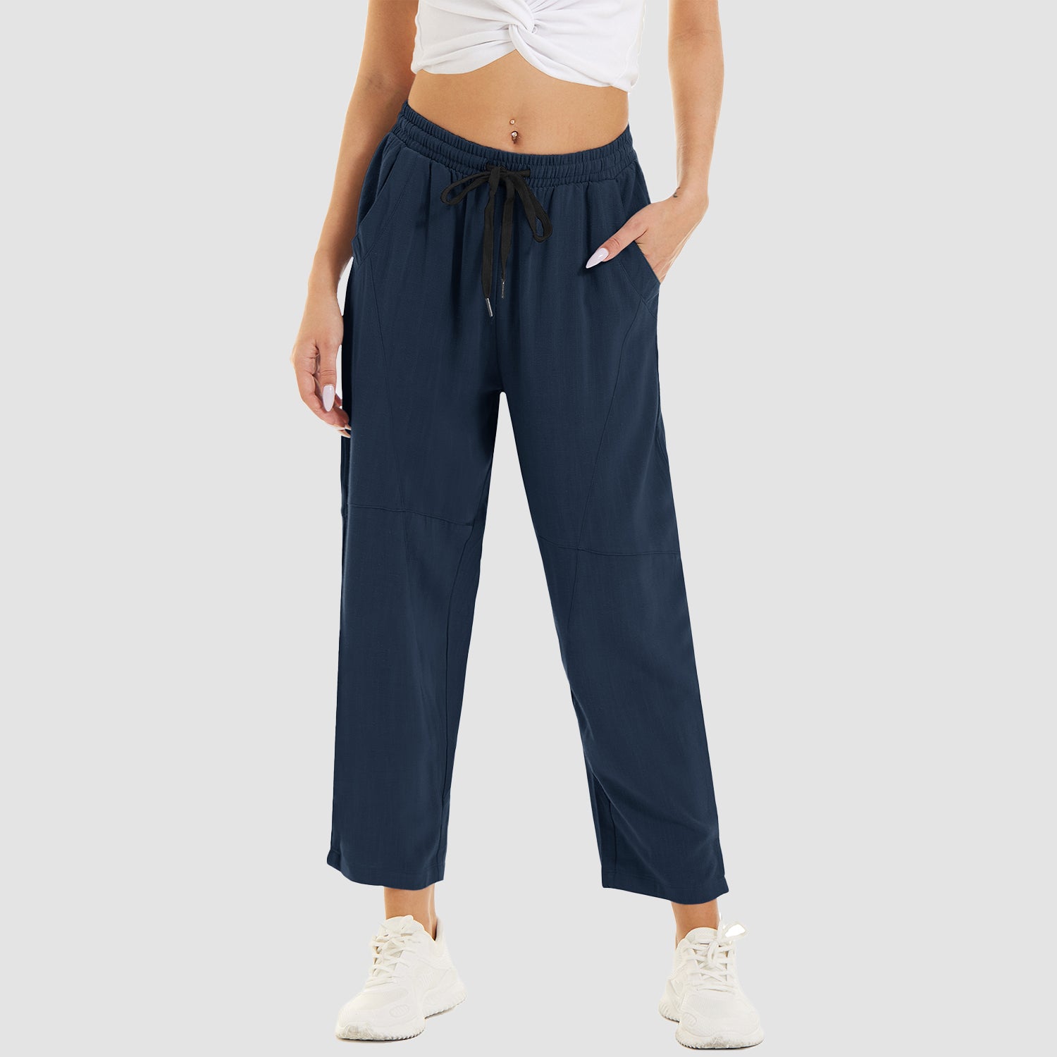 Women's Cotton Linen Pants High Waisted Summer Casual Pants Drawstring with 4 Pockets