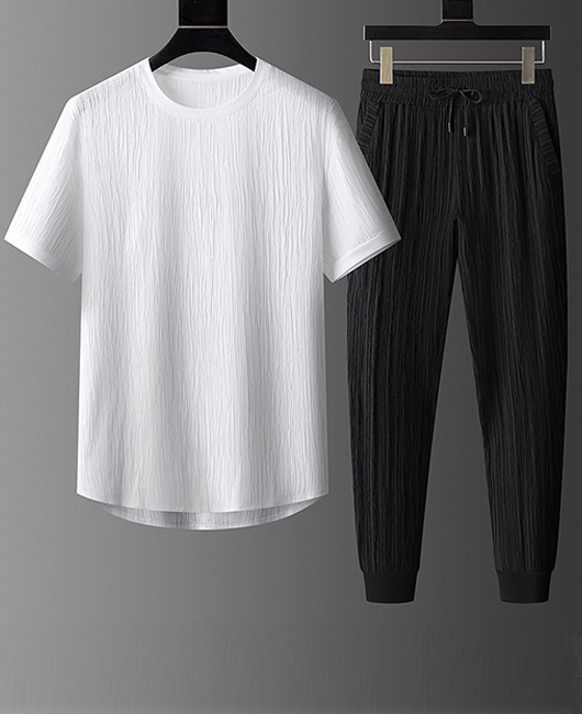 Casual Plain Ice Silk Wrinkled Shirt & Jogger Pants 2Pcs Set