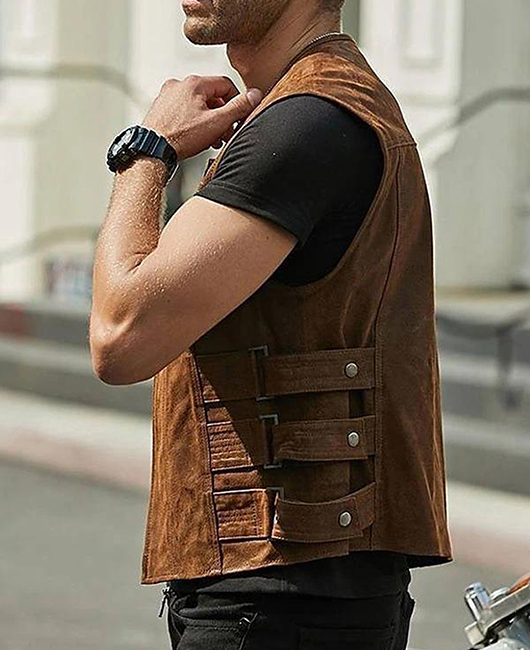 Fashion Crew Neck Plain PU Leather Pocket Zipper Vest