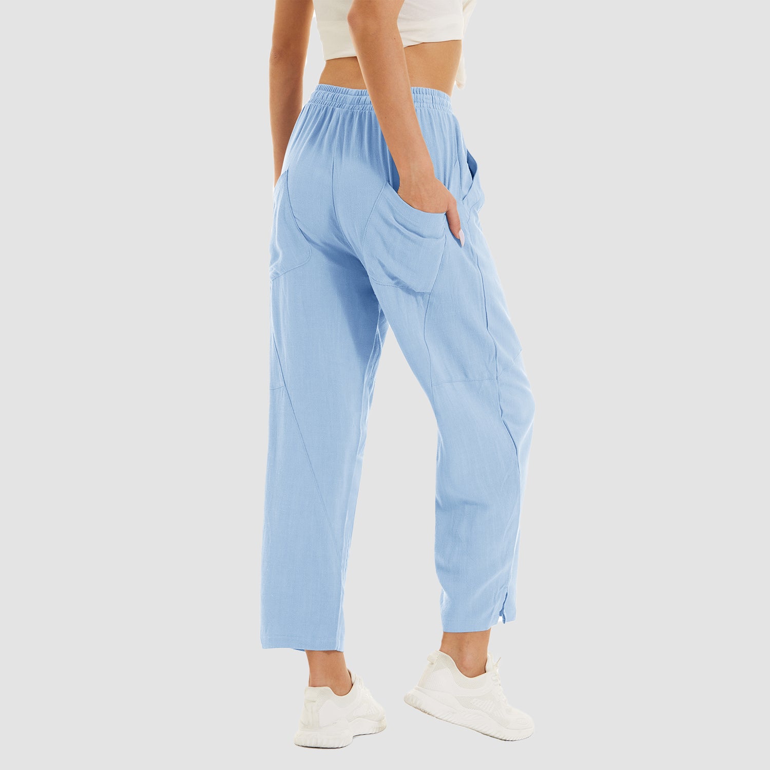 Women's Cotton Linen Pants High Waisted Summer Casual Pants Drawstring with 4 Pockets