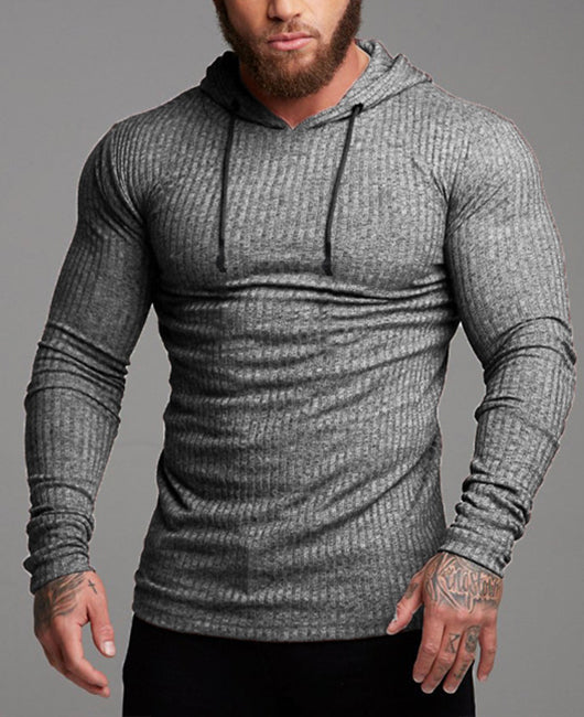 Men Solid Drawstring Rib-Knit Hoodie