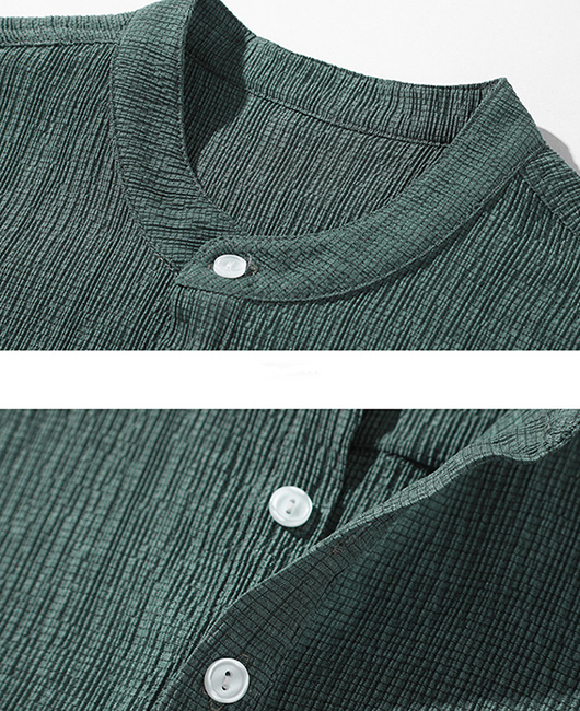 Casual Plain Ice Silk Half Placket Wrinkled Shirt & Pants 2Pcs Set