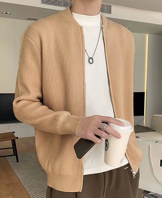 Men Ribbed Zip Up Knit Coat