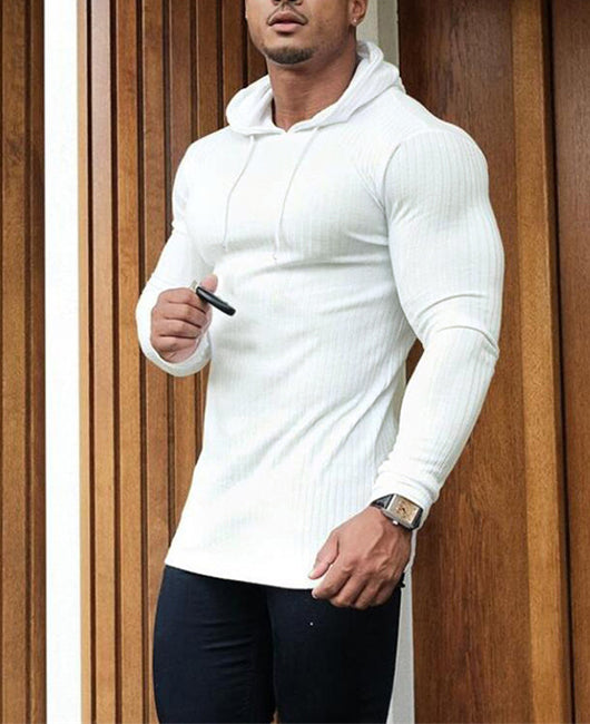 Men Solid Drawstring Rib-Knit Hoodie