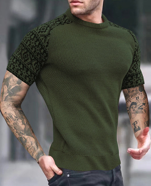 Casual Plain Waffle Spliced Geo Cuffs Round Neckline Polo Shirt