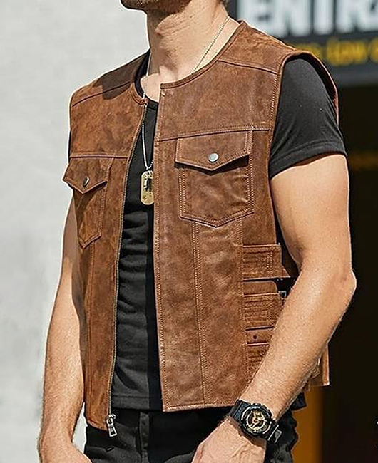 Fashion Crew Neck Plain PU Leather Pocket Zipper Vest