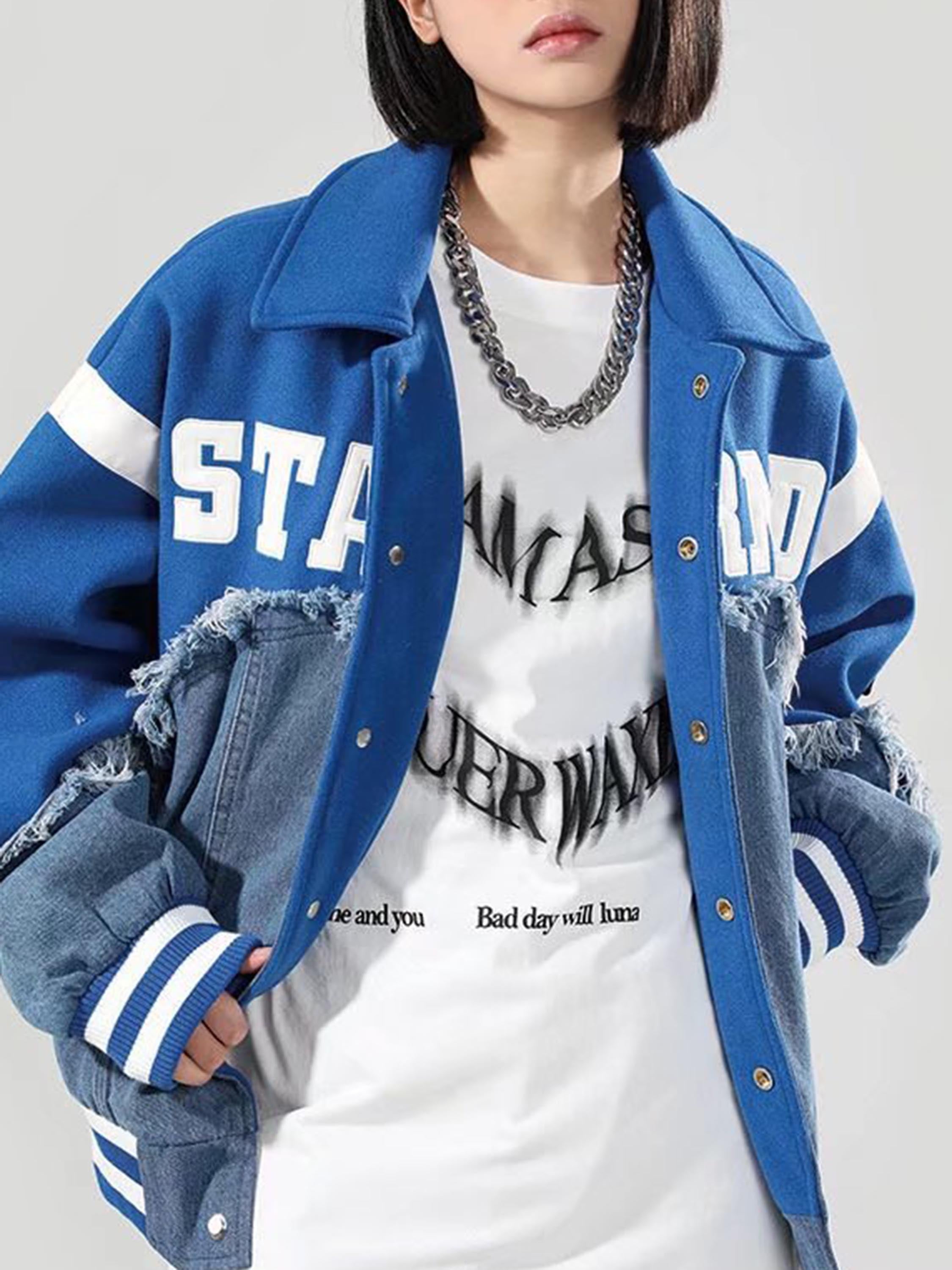 The Vimiaparty American High Street Denim Fabric Splicing Baseball Couple Jacket