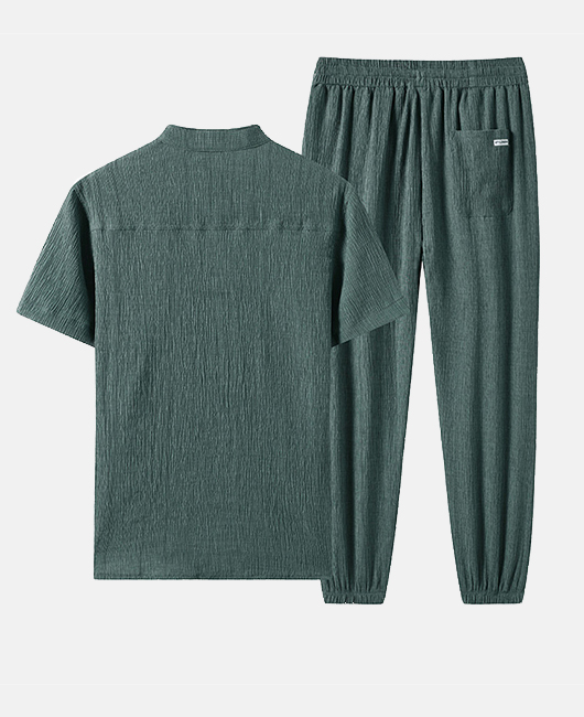 Casual Plain Ice Silk Half Placket Wrinkled Shirt & Pants 2Pcs Set