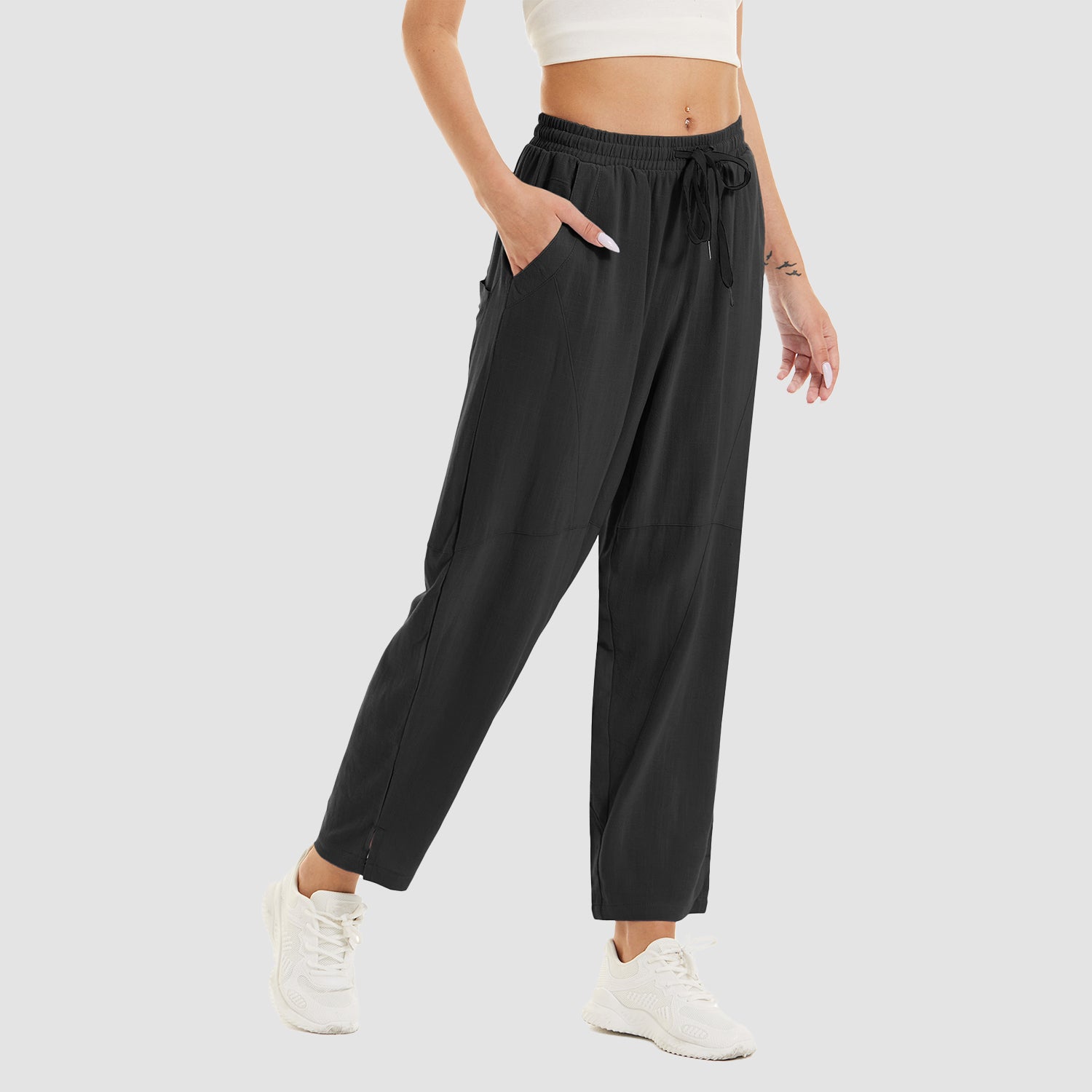 Women's Cotton Linen Pants High Waisted Summer Casual Pants Drawstring with 4 Pockets