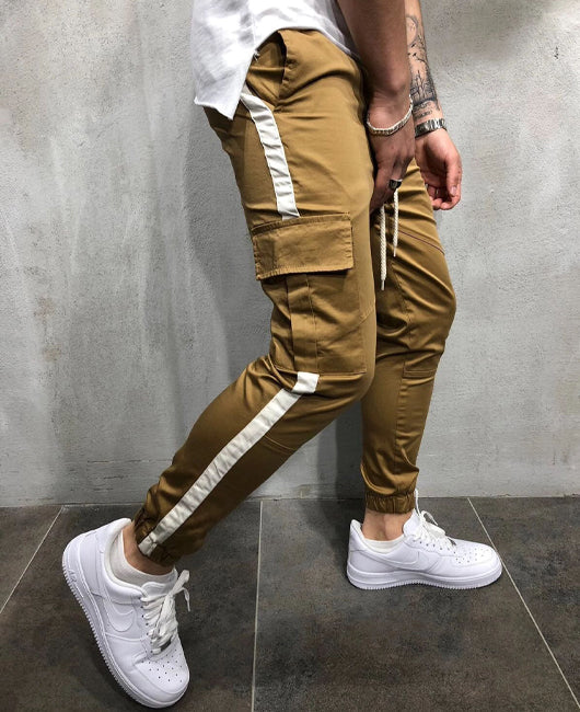 Patched Pocket Side Striped Drawstring Casual Cargo Pants
