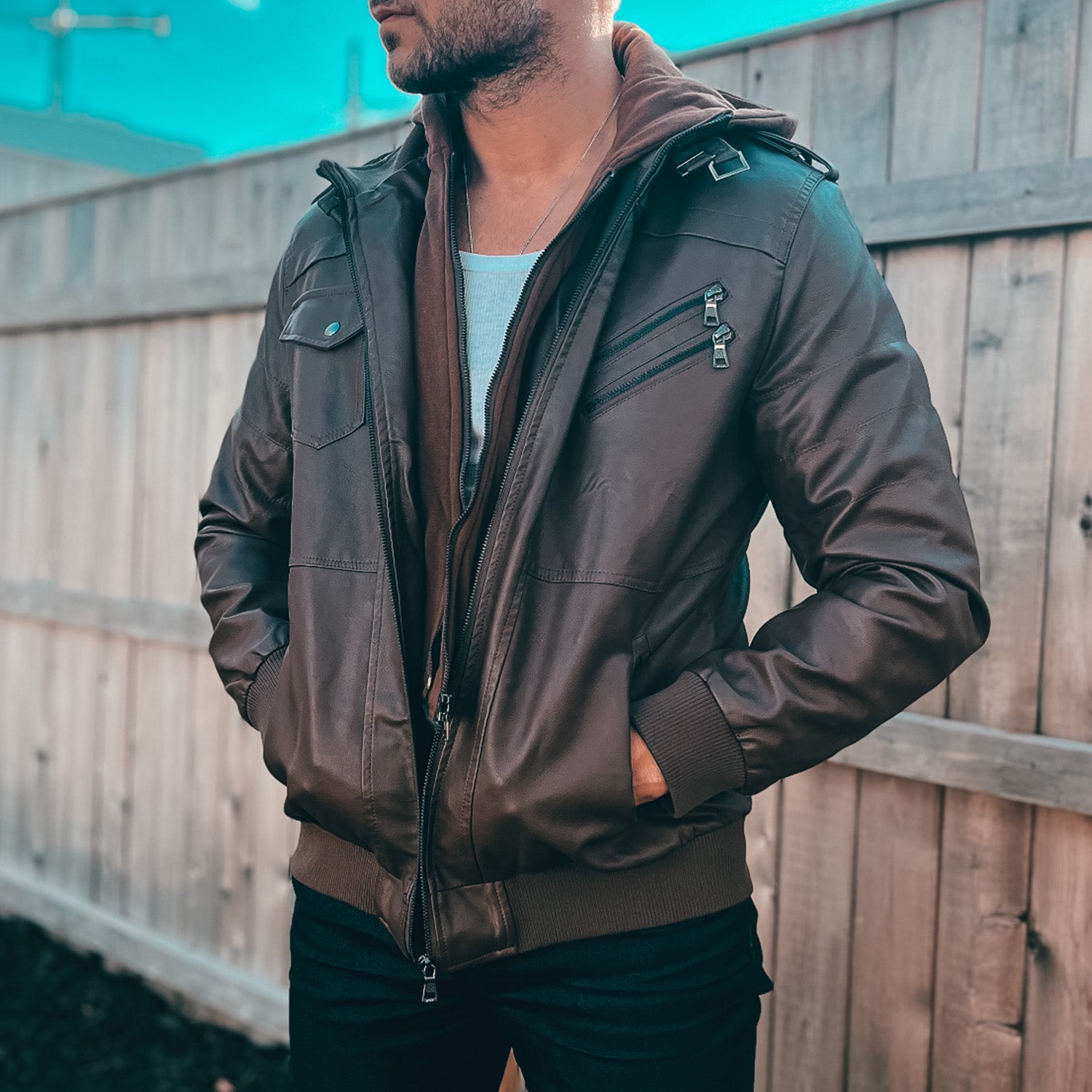 Men's Stand Collar PU Faux Leather Jacket 6 Pockets Motorcycle Bomber Fall Winter Jacket with a Removable Hood