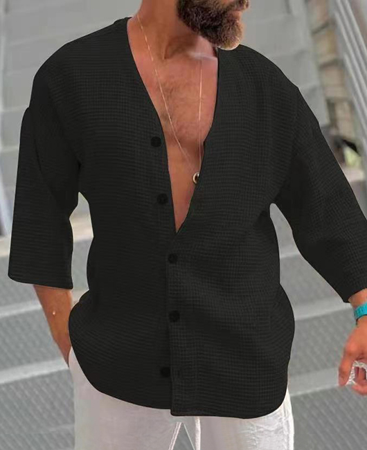 Casual Plain Waffle V-Neck 3/4 Sleeve Loose Button Shirt