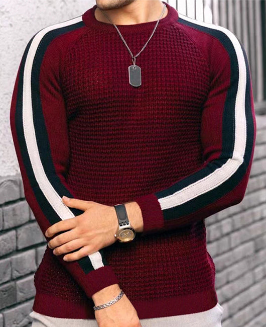 Raglan Sleeve Waffle Striped Sew Panel Knit Shirt