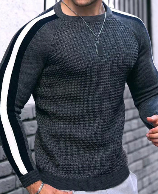 Raglan Sleeve Waffle Striped Sew Panel Knit Shirt