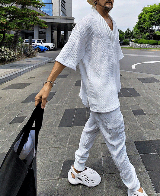 Casual Plain V Neck Half Sleeve Loose Shirt & Drawstring Pants 2Pcs Set