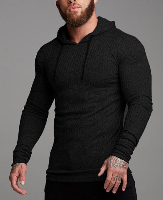 Men Solid Drawstring Rib-Knit Hoodie