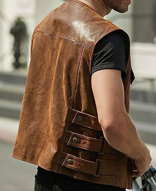 Fashion Crew Neck Plain PU Leather Pocket Zipper Vest