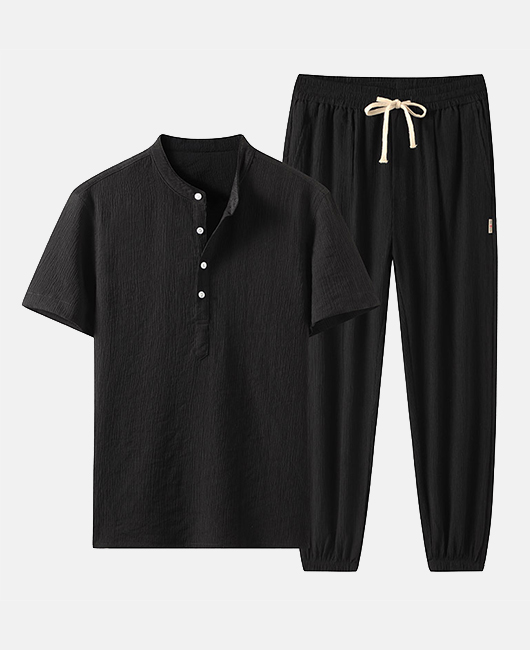 Casual Plain Ice Silk Half Placket Wrinkled Shirt & Pants 2Pcs Set