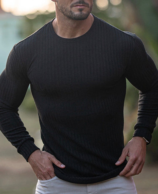 Rib-knit Plian Crew Neck Casual Knit Shirt