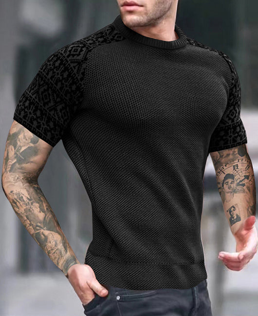 Casual Plain Waffle Spliced Geo Cuffs Round Neckline Polo Shirt