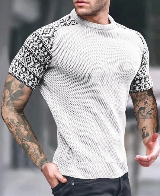 Casual Plain Waffle Spliced Geo Cuffs Round Neckline Polo Shirt